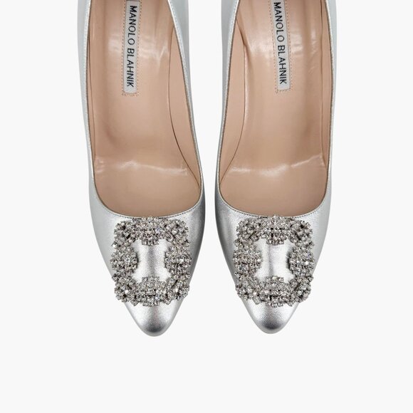 Manolo Blahnik Hangisi Pumps Heels Silver Size 39 US 9 Women Crystal Buckle - Picture 4 of 15